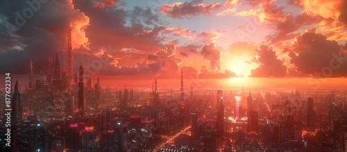 Futuristic Cityscape Sunset. Blazing Sky Over a Sci-Fi Metropolis