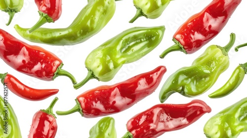 A still life image of red and green peppers arranged on a white surface