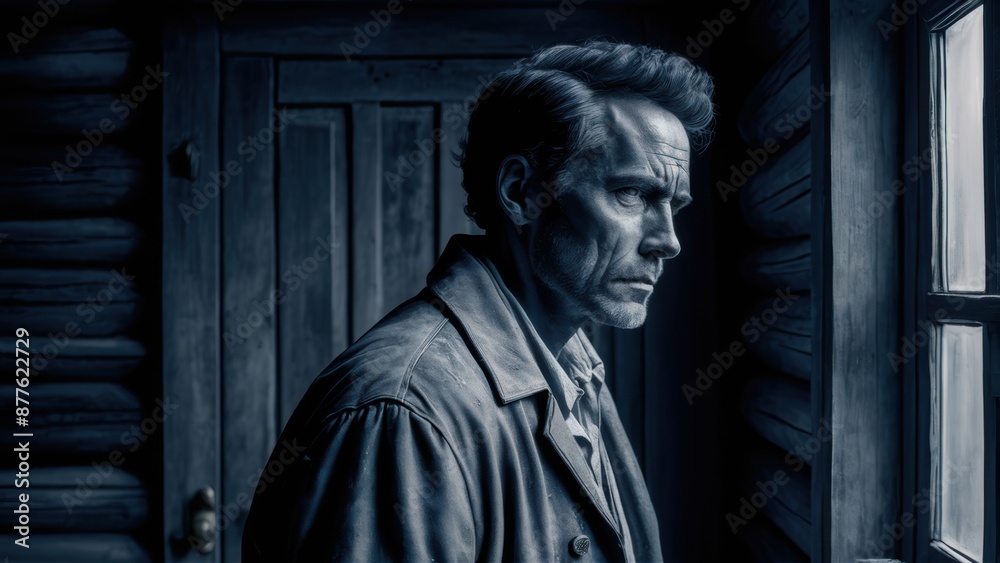 A man in a jacket looking out of the window at something, AI A man in a jacket looking out of the window at something, AI