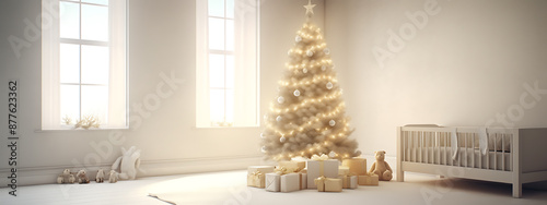 A white Christmas tree and a white crib with golden lights and presents in a minimalist nursery.