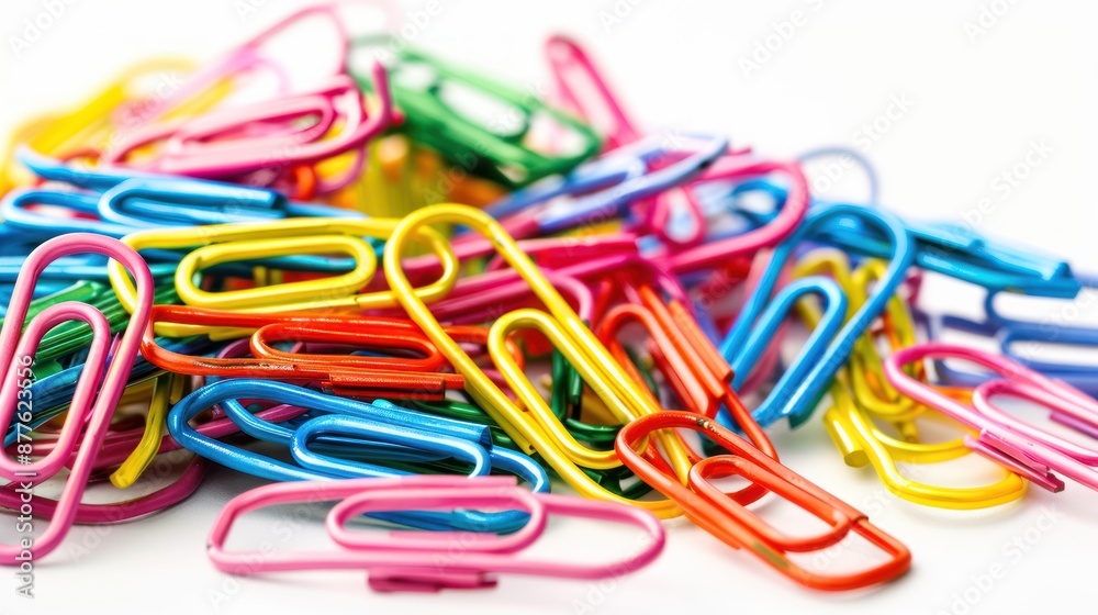 A pile of colorful paper clips with different colors and sizes A pile of colorful paper clips with different colors and sizes