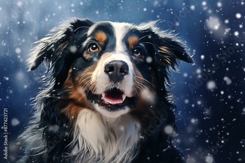 Portrait of a joyful australian shepherd dog surrounded by falling snowflakes © juliars