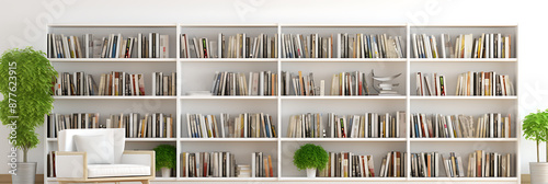 White bookshelf filled with colorful books, a white armchair, and green plants, creating a cozy and inviting atmosphere for reading and relaxation. 
