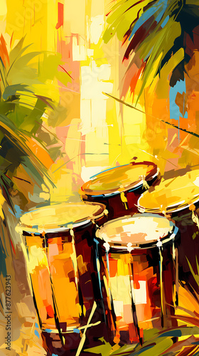 Vibrant yellow and orange drums in a tropical setting, capturing the energy and rhythm of summer music festivals. 
