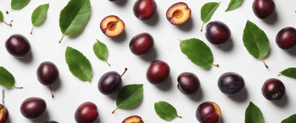 Fresh plums with green leaves on white. Top view Fresh plums with green leaves on white. Top view