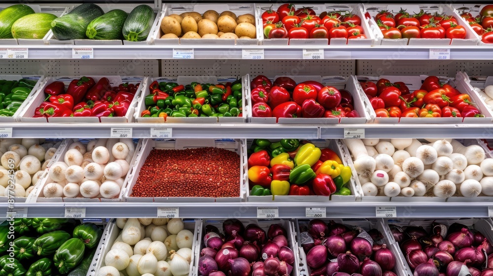 A grocery store shelf filled with fresh produce, including red bell peppers, eggplant, yellow peppers, green peppers, red tomatoes, and potatoes A grocery store shelf filled with fresh produce, including red bell peppers, eggplant, yellow peppers, green peppers, red tomatoes, and potatoes