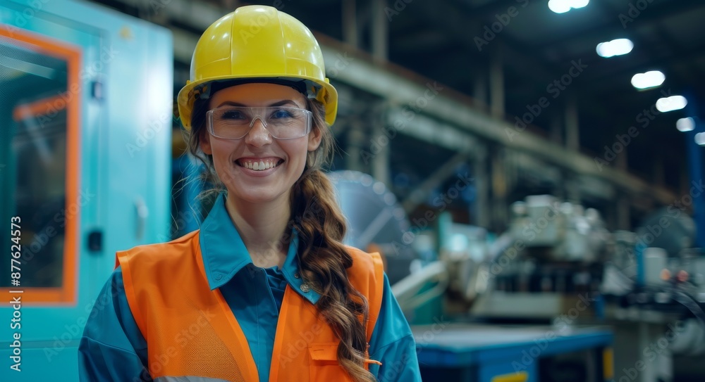 Happy smiling woman in high visibility vest and helmet working in a factory Happy smiling woman in high visibility vest and helmet working in a factory