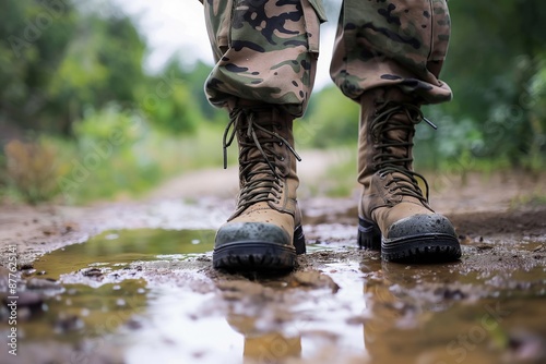 A person in camouflage pants and boots is standing in a muddy field. The boots are wet and muddy, and the person appears to be in a military setting