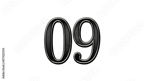 black metal 3d design of number 09 on white background.