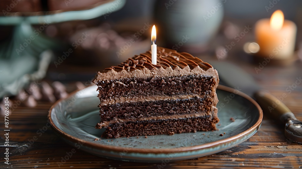 A slice of chocolate cake with a lit candle on top, generative AI A slice of chocolate cake with a lit candle on top, generative AI