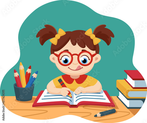 homework, child, kid, girl, school, education, vector, student, young, illustration, study, home, cartoon, cute, desk, book, people, character, little, studying, table, happy, sitting, learn, person, 