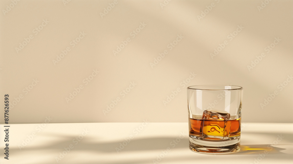 glass of whiskey with ice on beige background glass of whiskey with ice on beige background