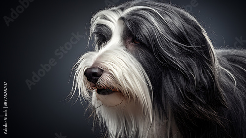 A white and black Bearded Collie dog with soft fur, looking away from the camera, evokes a sense of calm and gentleness, perfect for pet portraiture or animal photography projects. 