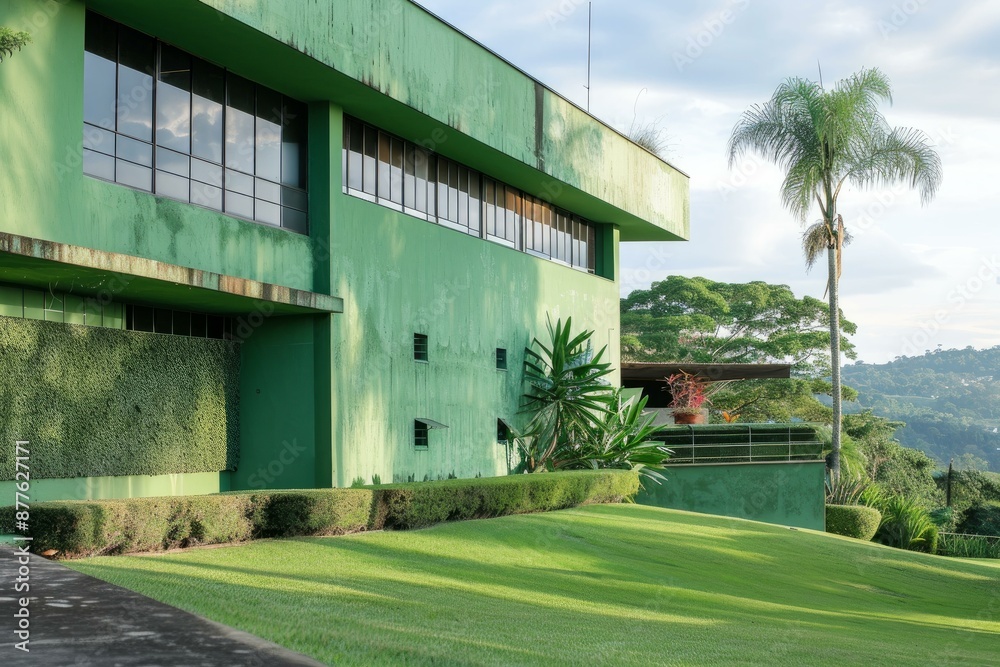 Green building with modern architecture surrounded by lush green vegetation and a valley in the background Green building with modern architecture surrounded by lush green vegetation and a valley in the background