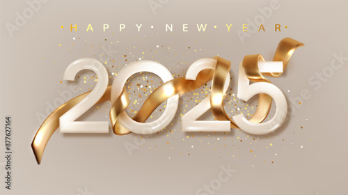2025 Happy New Year with golden realistic ribbon. Banner for Christmas holiday.