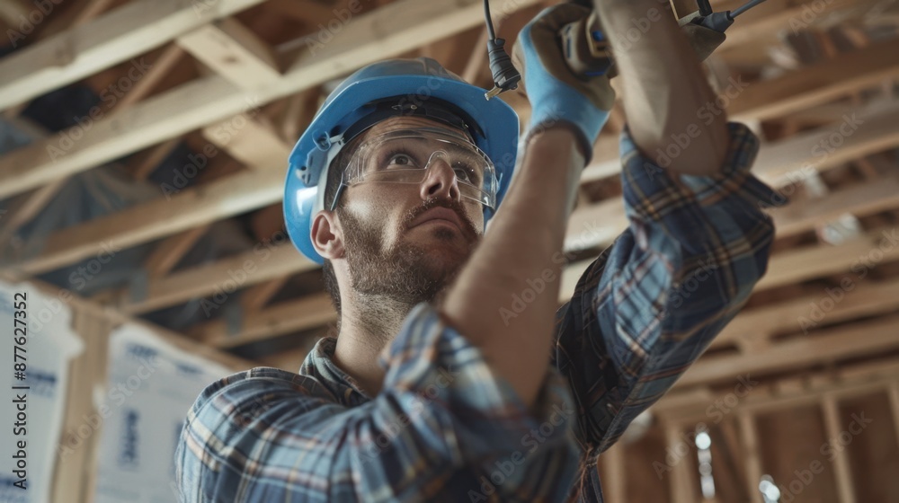 The worker installing electrical wiring The worker installing electrical wiring