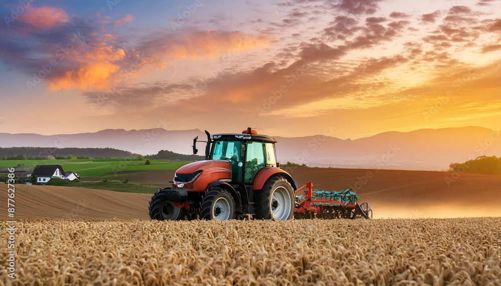 Fototapeta premium Tractor working on fields