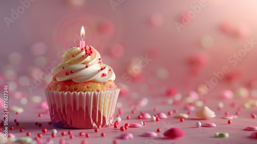 Celebratory Cupcake: Pink Frosted Delight with Single Candle, Generative AI