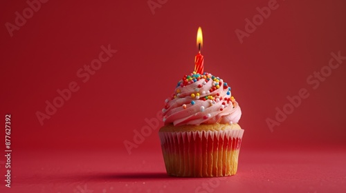 Celebratory Cupcake: Pink Frosted Delight with Single Candle, Generative AI