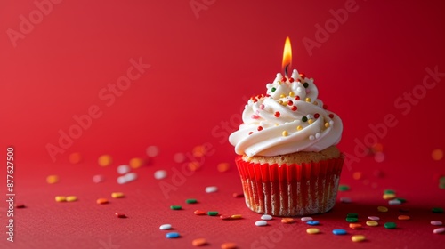Celebratory Cupcake: Pink Frosted Delight with Single Candle, Generative AI