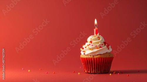 Celebratory Cupcake: Pink Frosted Delight with Single Candle, Generative AI