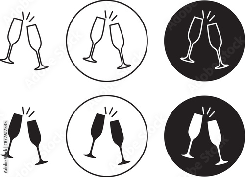 Clinking Glasses Line or feel Icon Set. Wine Toast Champagne Symbol in Black and Blue Color. Celebration Toast Vector Icon Set.