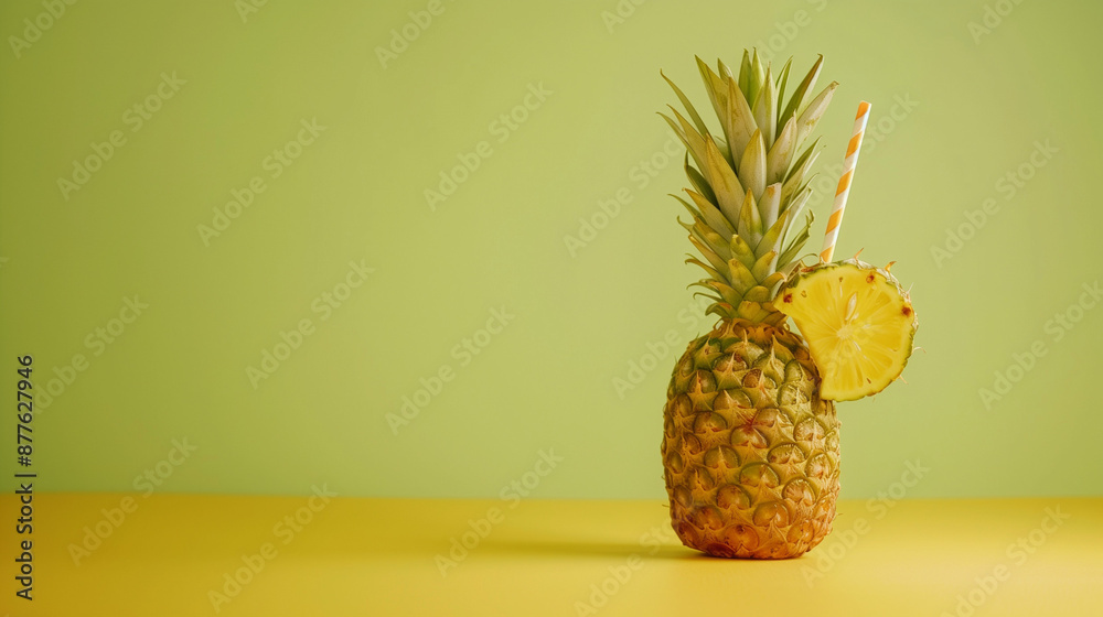 pineapple with straw. isolated on yellow-green background. fresh summer look. portraying cocktail pineapple with straw. isolated on yellow-green background. fresh summer look. portraying cocktail