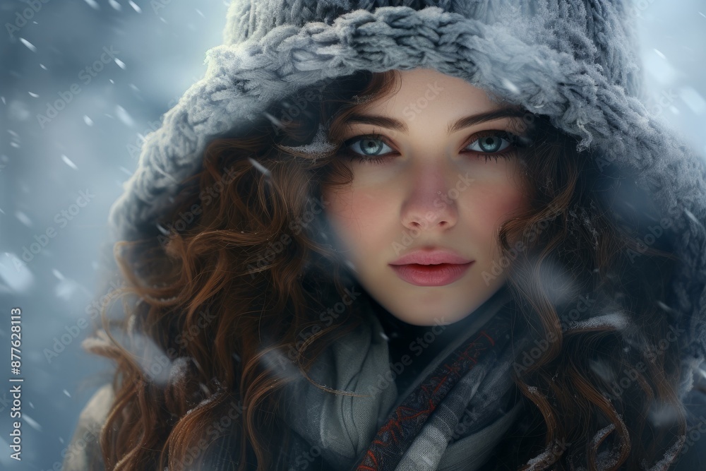 Close-up of a young woman with striking eyes in a winter setting, snowflakes falling gently around her Close-up of a young woman with striking eyes in a winter setting, snowflakes falling gently around her