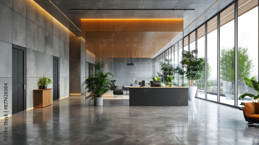 Obraz premium A large open office space with a lot of natural light and plants