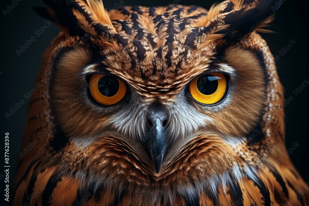Detailed close-up portrait of a majestic eagle owl with vivid yellow eyes, showcasing its powerful stare and sharp focus Detailed close-up portrait of a majestic eagle owl with vivid yellow eyes, showcasing its powerful stare and sharp focus
