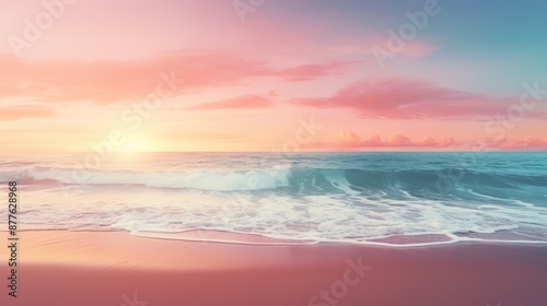 A serene beach at sunrise with soft pastel colors in the sky and gentle waves lapping against the shore