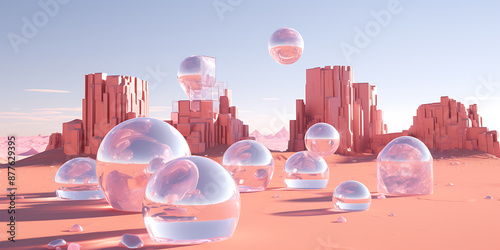 Pink, blue, and white futuristic city with glass orbs, a surreal landscape evoking dreams and escapism. 