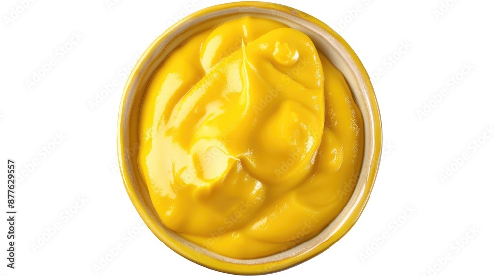 A bright yellow bowl filled with mustard on a clean white surface A bright yellow bowl filled with mustard on a clean white surface