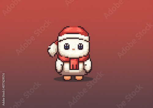 A pixelated white penguin wearing a red Santa hat and scarf, on a red background, evokes a cute and festive Christmas spirit.  photo