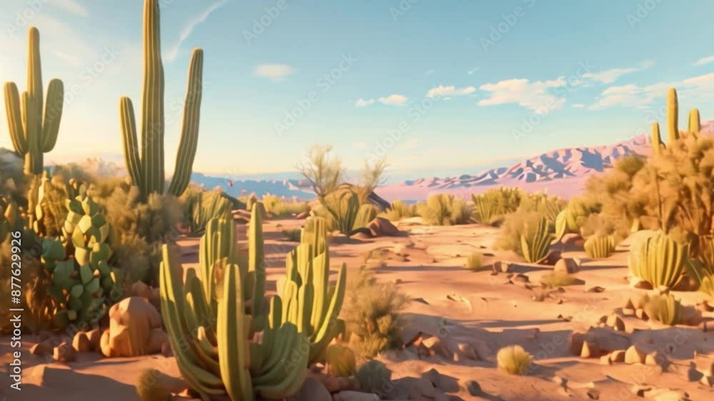 A wide shot of a desert landscape featuring numerous cacti, including a large barrel cactus in the foreground. The sun is setting, casting long shadows across the scene.