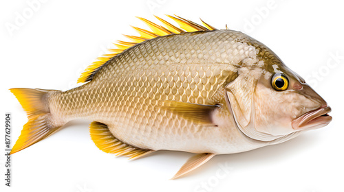 Freshly caught fish with yellow fins, brown and white scales, isolated on white background, perfect for seafood recipes and culinary websites. 