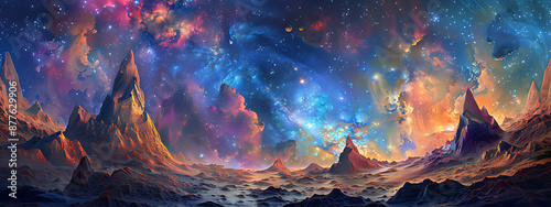 A fantasy landscape with mountains, stars, and nebulae in blue, orange, and purple, perfect for science fiction and fantasy projects. 