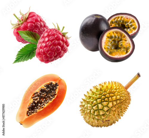 Tropical fruits set isolated transparent background. Including raspberry, passion fruit, papaya, and durian. Clipart for food packaging, recipe book and healthy eating promotion.