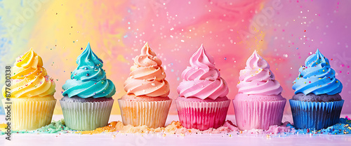 Colorful cupcakes with sprinkles  on a pink background,  a perfect  celebration  for a birthday party. 