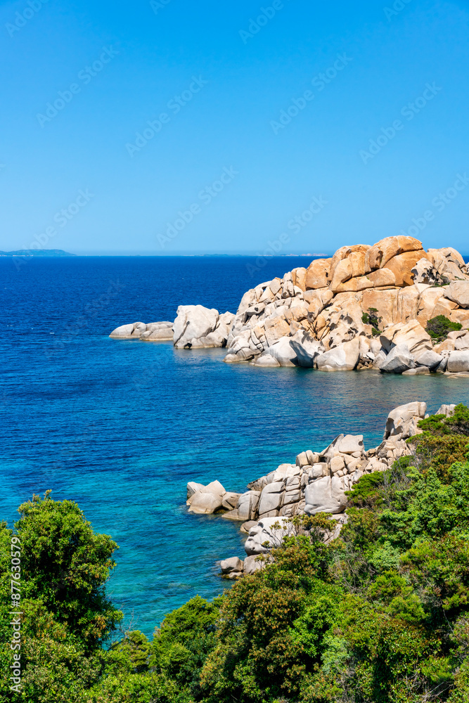 Obraz premium Sardinia white rock coast in Capo Testa and turquoise water on a sunny day, in Italy