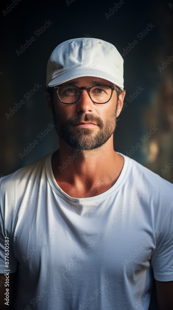 A man with a beard and glasses wears a white T-shirt and a white cap, posing against a dark, blurred background