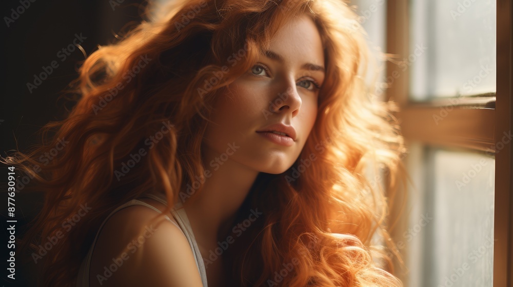 A woman with wavy red hair gazes thoughtfully out of a window, bathed in soft natural light A woman with wavy red hair gazes thoughtfully out of a window, bathed in soft natural light