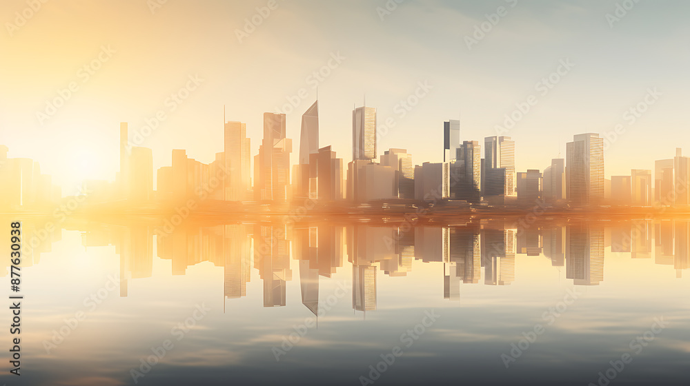 Fototapeta premium Golden hour cityscape reflection, blue, orange, and yellow, urban serenity. 