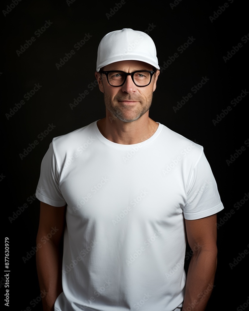 Man in white t-shirt and cap, wearing black-framed glasses, stands against a dark background Man in white t-shirt and cap, wearing black-framed glasses, stands against a dark background