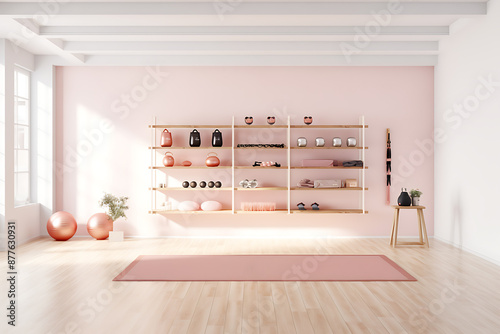 Pink, white, and wood toned home gym with equipment, inviting you to start your fitness journey. 