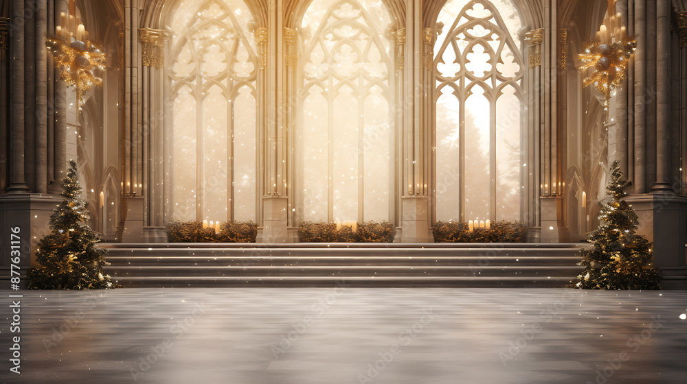 Fototapeta premium Golden Christmas trees, stone architecture, and a snowy winter scene create a magical holiday setting. 