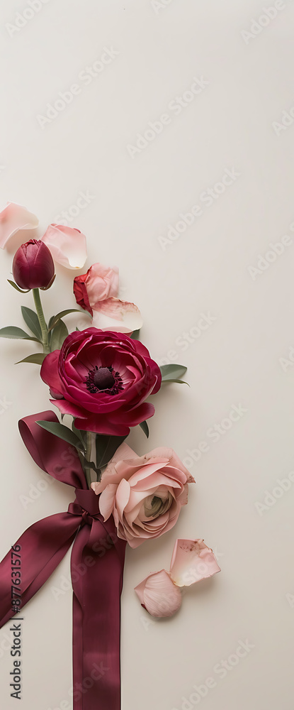 Burgundy ribbon, pink and red flowers, minimalist style, romantic celebration, delicate floral arrangement. Burgundy ribbon, pink and red flowers, minimalist style, romantic celebration, delicate floral arrangement.