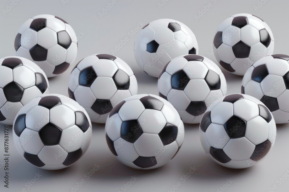 A group of soccer balls sitting on a table, suitable for sports-themed images or as a prop in a studio setting