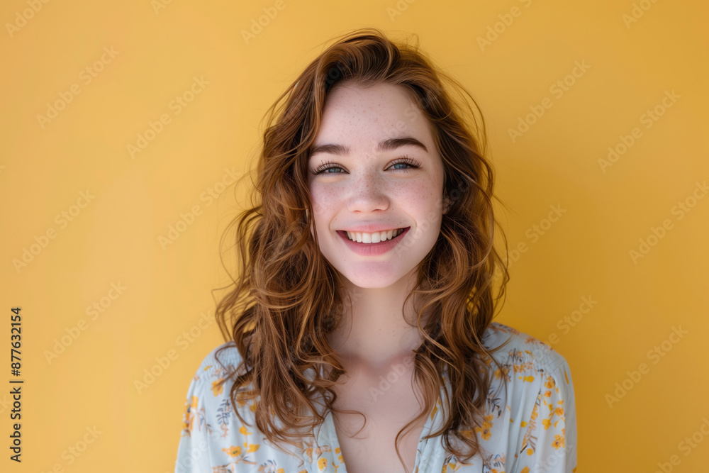 Mulher Jovem Sorridente com Cabelo Cacheado em Fundo Amarelo Mulher Jovem Sorridente com Cabelo Cacheado em Fundo Amarelo