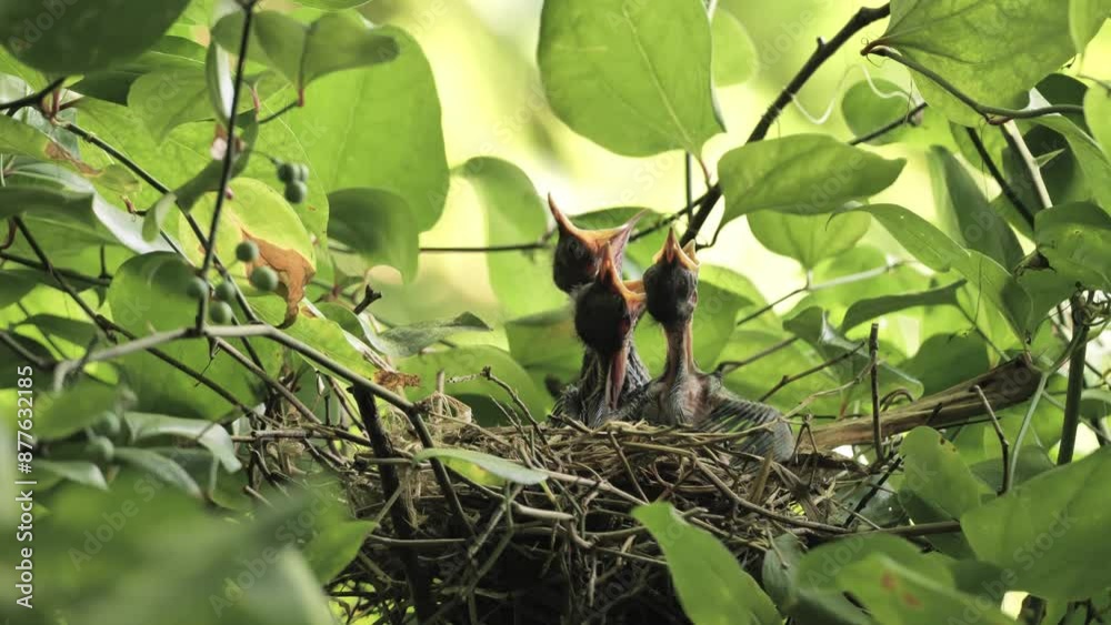 The gray catbird chicks (Dumetella carolinensis) in the nest are asking for food. 